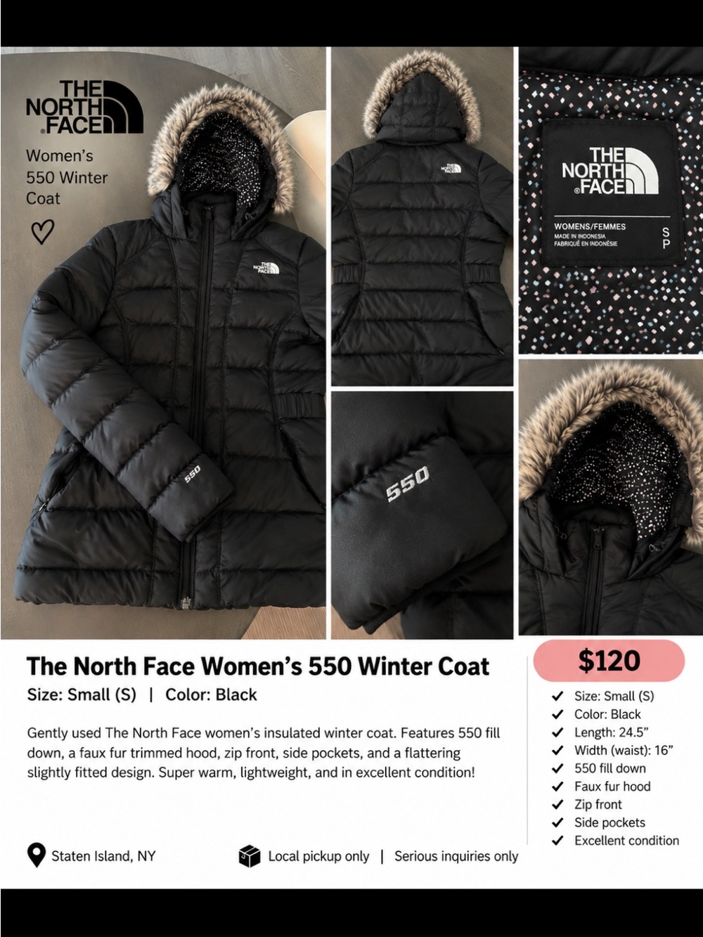 The North Face Women's Black 550 Puffer Coat with Faux-Fur Hood